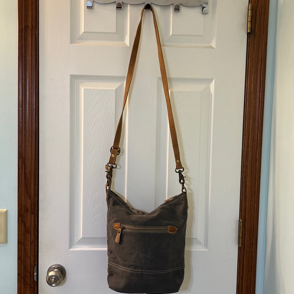 Myra Bag S-1305 Crossbody Leaf Print Canvas Bag w/ Leather Trim & Gold Bike Pin - Picture 16 of 16